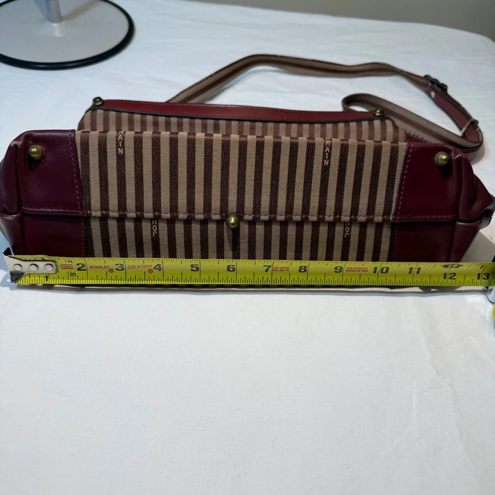 Vintage John Romain Striped Crossbody Bag Brown Burgundy Leather Trim Lion Crest